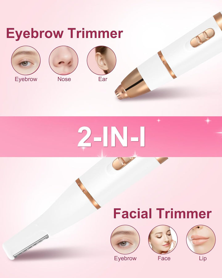 2 in 1 Facial Hair Trimmer for Women, Painless Eyebrow Trimmer for Women, Rechargeable Facial Remover for Eyebrow,Ear,Peach Fuzz,Dual Edge Blades for Easy Cleansing,White