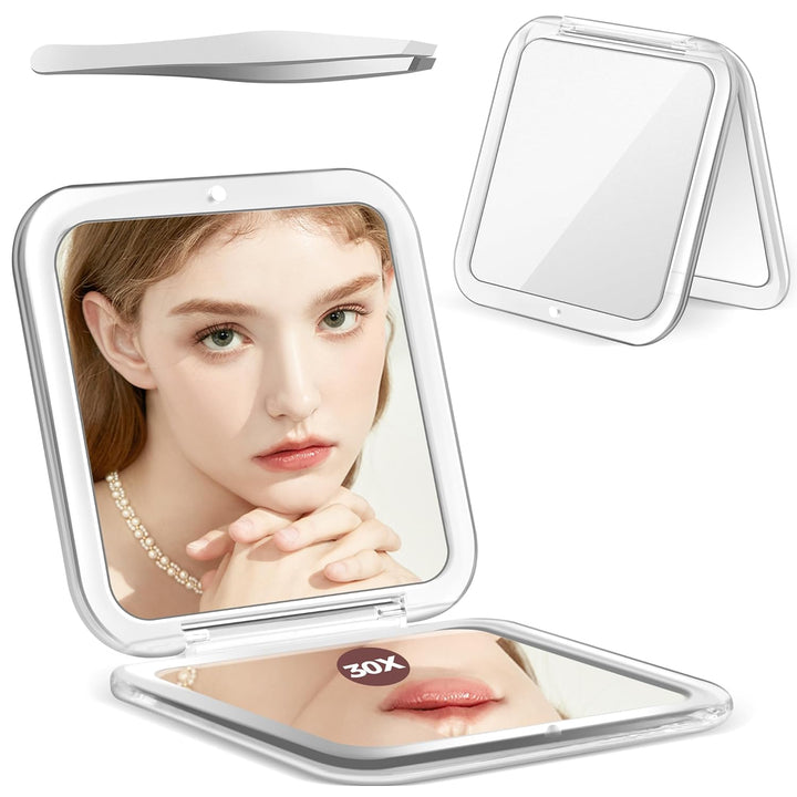 Compact Mirror, 30X Magnifying Mirror, Pocket Mirror for Purse, Travel Makeup Mirror with 30X/1X Magnification, Travel Essentials Mirrors, Precision Tweezers, Present for Girls