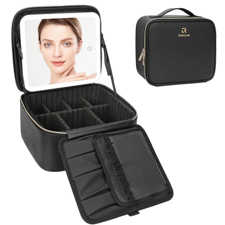 Travel Makeup Bag with LED Mirror, Cosmetic Train Case with Light up Mirror, Portable Makeup Artist Organizer Bag with Adjustable Dividers, Makeup Brush Holder Storage, Black