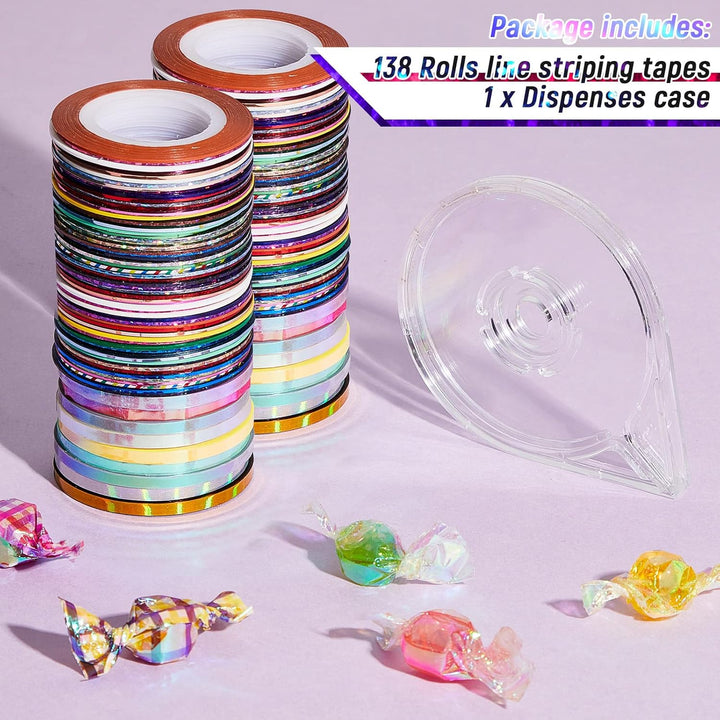 138 Rolls Striping Tape for Tumblers Nail Tape Lines Holographic Pinstripe Decals 1 Mm 3 Mm Self Adhesive Glitter Striping with Dispenser Case for DIY Tumblers Nail Decoration Craft