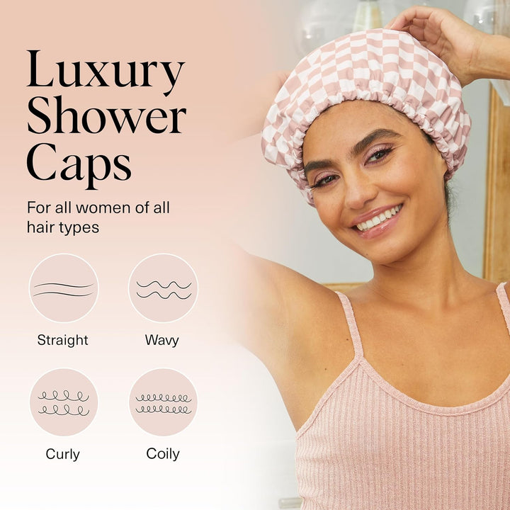 Luxury Shower Caps for Women Reusable Waterproof - Flexi Satin Lined, Large Wide Shower Cap for Women & Men, Adjustable, Stylish Hair Cap for Shower, for Long & Short Hair - Terracotta Checker