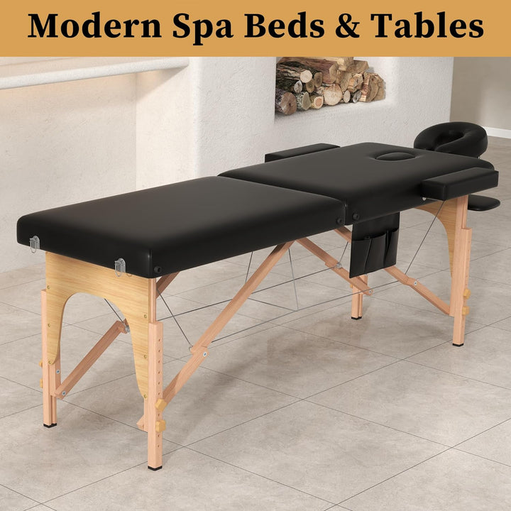 Massage Table Massage Bed Portable, 29 Lbs Light Weight 2 Section Foldable Tattoo Bed Facial Care Spa Lash Bed Height Adjustable Sturdy Wooden Frame with Accessories Carrying Bag, Black