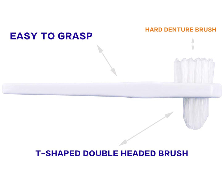 OASISGUEST Denture Cleaning Brush Set, T-Shaped Special Toothbrush, Hard Toothbrush, for Denture Care (Blue, Red, White, 3 Count (Pack of 1))