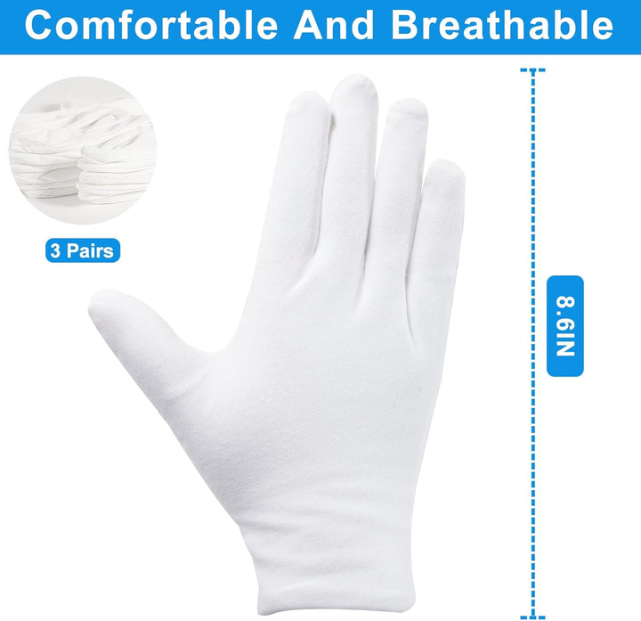 3 Pairs White Cotton Gloves for Dry Hands Sleeping, Premium Cotton Gloves for Eczema Lotion, Hand Gloves Moisturizing Overnight, White Gloves for Women & Men, Work Glove for Coin Jewelry Silver