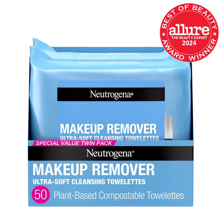 Makeup Remover Wipes Micellar Alcohol-Free Face Towelettes Remove Waterproof Mascara & Oil, Compostable 100% Plant-Based Cloth, Dermatologist & Ophthalmologist Tested, Twin Pack 2 X 25 Ct