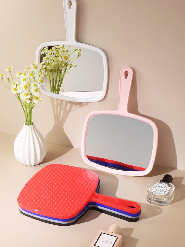 Hand Mirror Salon Barber Hairdressing Handheld Mirror with Handle (Square Pink 7.4 X 10.3 Inches)