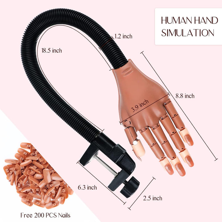 Practice Hand for Acrylic Nails, Flexible Moveable Fake Hands, Manicure Trainng Hand Nail Kit for Beginners, Movable Nail Maniquin Hand with 200PCS Nail Tips, Nail Glues, Brush and Clipper