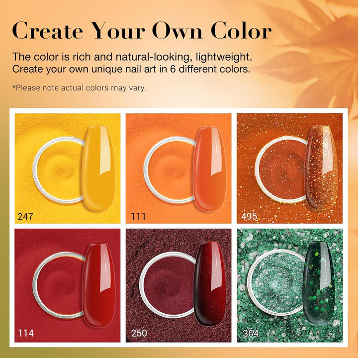 Fall Dip Powder Nail Set Yellow Orange Gold Red Shimmery Green Glitter 6 Colors Dipping Powder Starter Kit French Nail Art Manicure DIY Salon, No Need Nail Lamp Cured