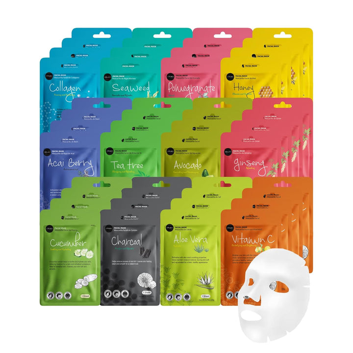 Celavi Essence Facial Sheet Face Mask Variety Set Classic Authentic Korean Moisturizing Skincare (12-Packs)