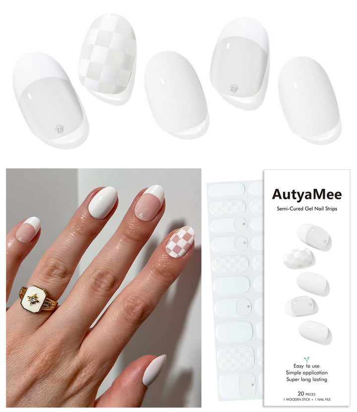 Semi Cured Gel Nail Strips (A White French Tip), Clear Base, 20 Pcs Gel Nail Wraps, Stickers, UV Light Required, Salon Quality, Long Lasting