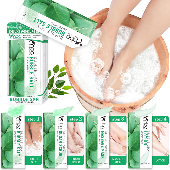 Pedicure Kit Foot Soak Set: Bubble Salt, Sugar Scrub, Massage Mask, Massage Lotion in a Box, 4 Step Foot Spa Kit for Dry Feet,Tired Feet（1 Set Lavender)