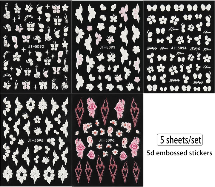 5D Embossed White Flowers Nail Stickers, 5 Sheets Self-Adhesive Floral Nail Decals, Spring Rose Butterfly Nail Art, 3D Acrylic Flowers for Manicure Decor