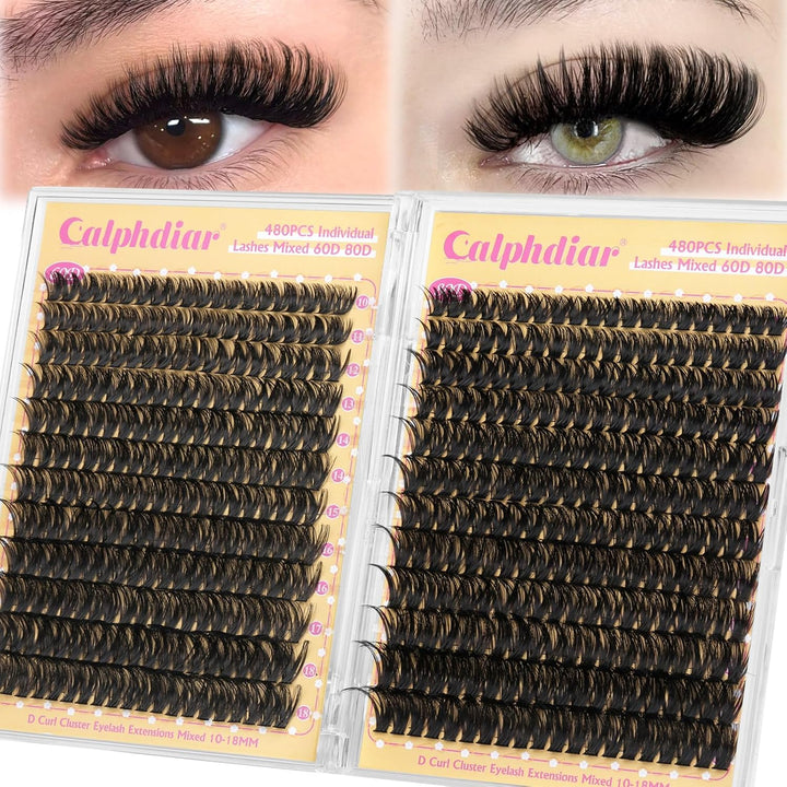 Eyelash Clusters 30D+40D+50D+60D+80D+100D Lash Clusters Wispy Individual Lashes 476PCS D-Curly Lash Extension 10-16MM Natural Lashes Clusters DIY Cluster Eyelash Extensions for Beginners