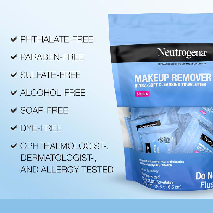 Makeup Remover Wipes Singles, Individually Wrapped, Daily Facial Cleanser Towelettes, Gently Removes Oil & Makeup, Alcohol-Free, 20 Ct