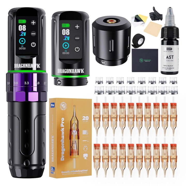 L3 Tattoo Kit, Cordless/Cord Complete Tattoo Gun Kit Pen Machine, 7 Strokes Length, 2 Batteries 2,000Mah Power Supply with Extra Battery Rca Jack Part, Pro Tattoo Needles for Beginner