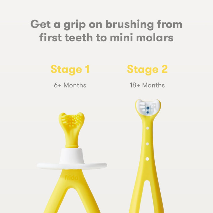 Grow-With-Me Baby Toothbrush Training Set | Infant to Toddler Toothbrush 0-12 Months, Cleans All Sides at Once, Oral Care for Sensitive Gums | Yellow