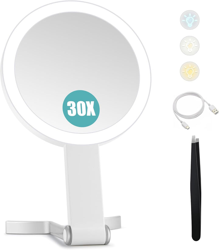Magnifying Mirror with Light 30X, Double-Sided 1X/ 30X Magnifying Makeup Mirror with Tweezer, 2000Mah 3 Colour Modes with Adjustable Brightness,Foldable Travel Mirror(9" L X 7" W)