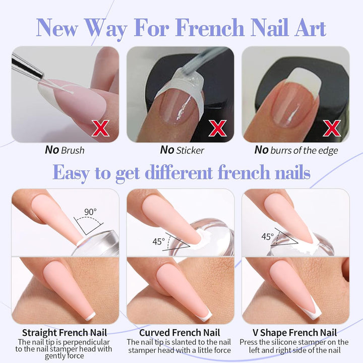 French Tip Nail Stamp, 6PCS Art Stamper with Scrapers, Silicone Stamping Long & Short Jelly Stamper Kit for French Manicure Home DIY Art Salon
