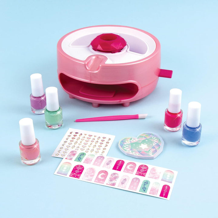 Light Magic Nail Dryer & Polish Set for Girls & Teens - 5 Vibrant Nail Colors, Art Stickers, Nail File, Cuticle Pusher & Dryer - Water-Based, Non-Toxic Polish Perfect Spa Day Manicures