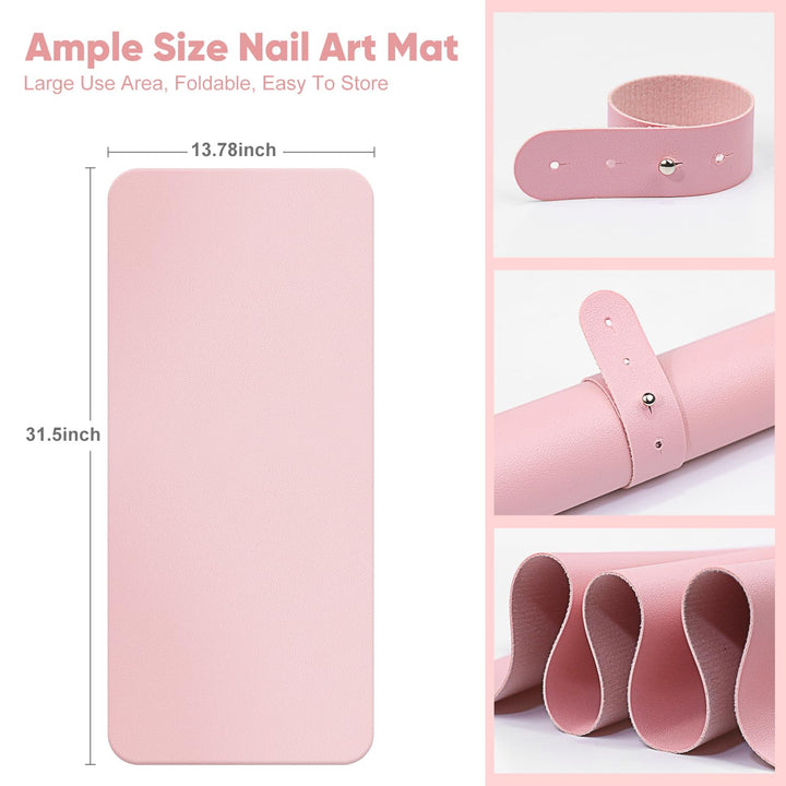 Nail Art Table Mat, (MAT ONLY) Soft Microfiber PU Leather Nail Hand Rest for Nail Arm Rest Cushion, Foldable Nail Art Rest Pillow Manicure Pad Desk Mat - Pink