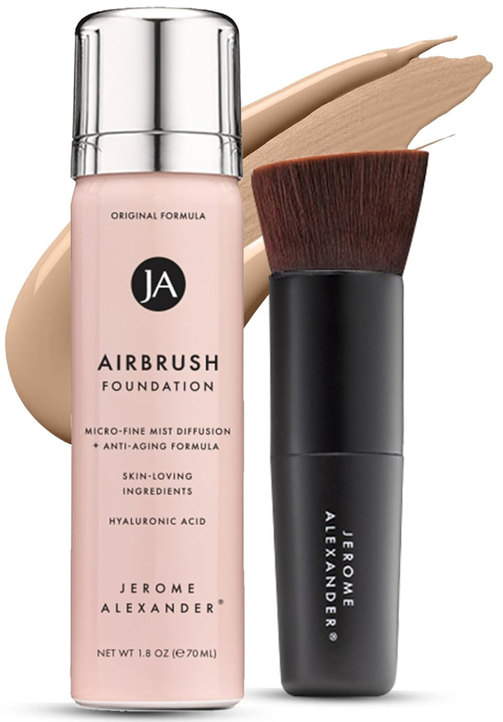 Magicminerals Airbrush Foundation – 2 Piece Set with Airbrush Foundation and Kabuki Brush - Spray Makeup with Anti-Aging Ingredients for Smooth Radiant Skin - Light Medium