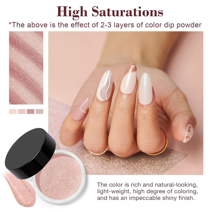 Dip Powder Nail Kit Starter, All Season Nude Skin Glitter 4 Colors Dipping Powder Liquid Set Recycling Tray with Base & Top Coat Activator for French Nail Art Manicure Salon DIY at Home.
