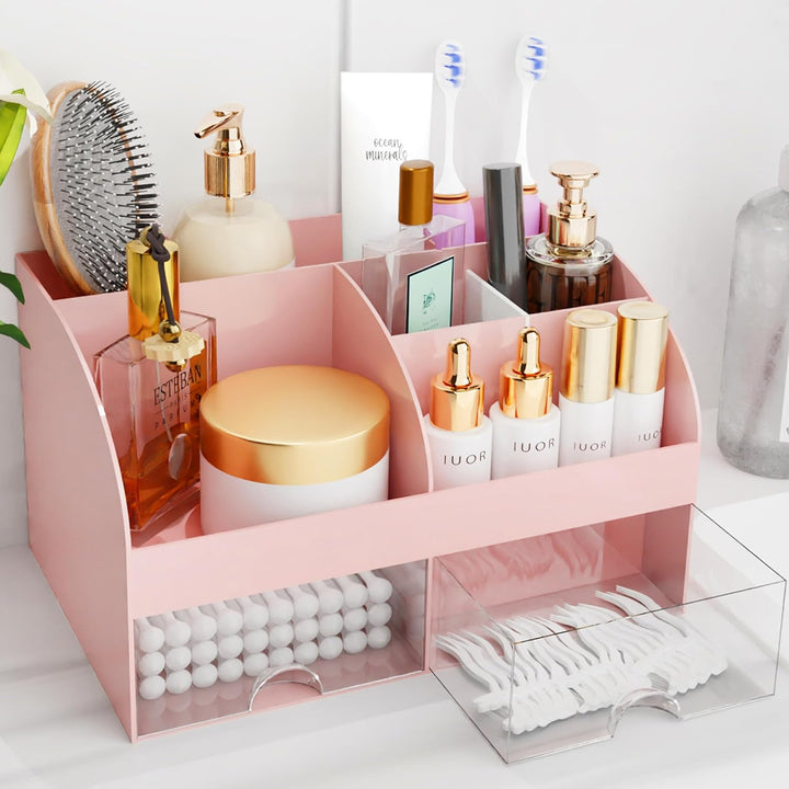 Makeup Organizer with Drawers, Cosmetic Storage for Dresser Vanity and Bathroom Countertop, Beauty Holder for Lipstick Brush, Skincare Organizer for Vanity, Cosmetic Display Case (White)