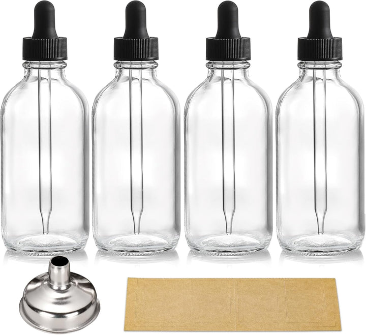 4 Pack, 4 Oz Dropper Bottles with 1 Funnel & 4 Labels - Essential Oils Bottles for Health, Personal Care & Beauty - 120Ml Thick Dark Amber Glass Tincture Bottles with Eye Droppers, Leakproof