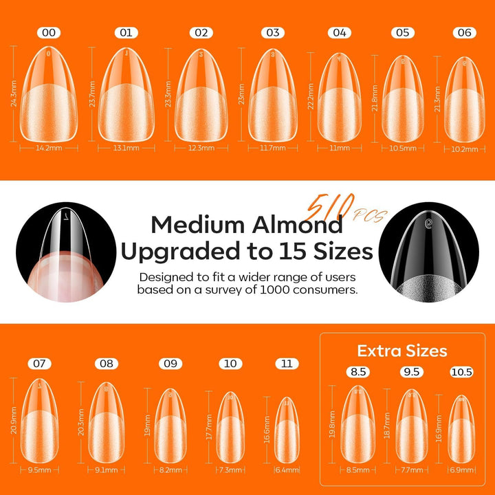 Gel Nail Kit Almond, Upgrade 15Sizes Fake Nails, 9-In-One Glue Dehydrator & Mini U V Light Clipper, 510Pcs Medium Almond Press on Tips for Extension DIY Salon Home Gift