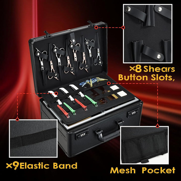 Barber Case 6 Clippers Sliding Tray, Profesional Barbers Briefcase Tool Case, Barber Cases for Clippers and Supplies, Hair Scissors Trimmer Organizer, Salon Hair Grooming Hard Travel Suitcase