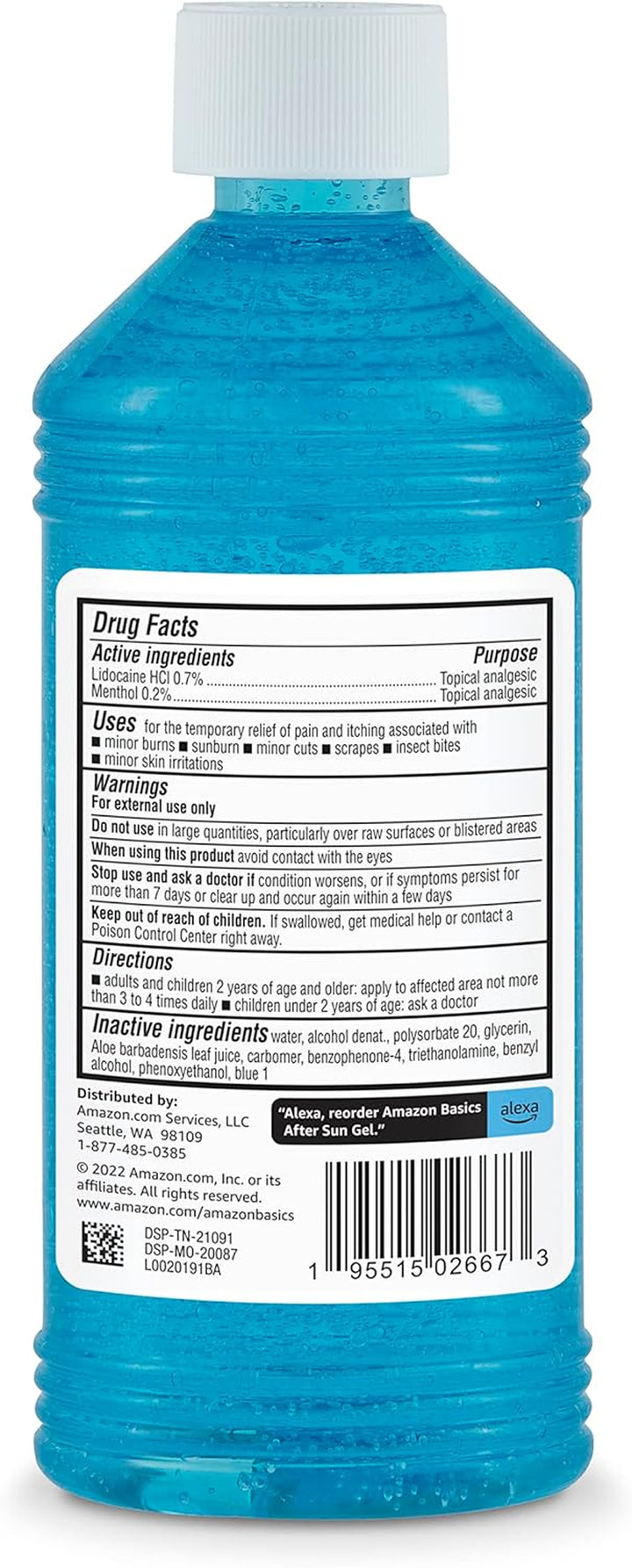 Amazon Brand - Solimo after Sun Gel with Aloe, Lidocaine and Menthol, 16 Fluid Ounce (1 Pack)