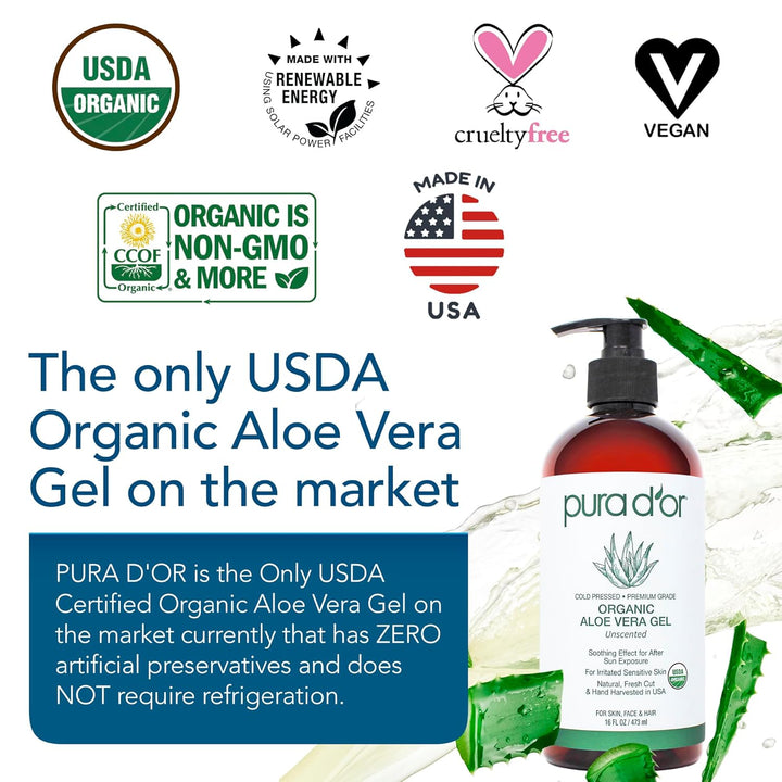 16 Oz ORGANIC Aloe Vera Gel - Unscented - All Natural - ZERO Artificial Preservatives - Deeply Hydrating & Moisturizing - Sunburn, Bug Bites, Rashes, Small Cuts, Eczema Relief - Skin & Hair