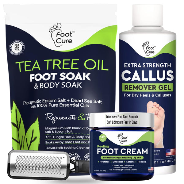 Exfoliator & Callus Remover Pedicure Set – Care Kit Includes File for Dead Skin, Tea Tree Oil Soak Salts, Urea Cream 40 Percent Removal Gel Made in USA, Ivory, 4 Piece