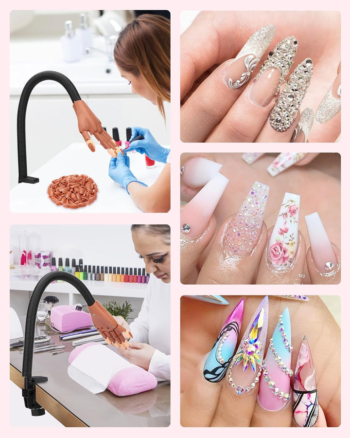 Practice Hand for Acrylic Nails, Flexible Nail Practice Hands Magnetic Fake Hands for Nails Practice, Movable Nail Mannequin Hand with 200PCS Nail Tips for Beginners,13.9 * 6.2 * 1.9