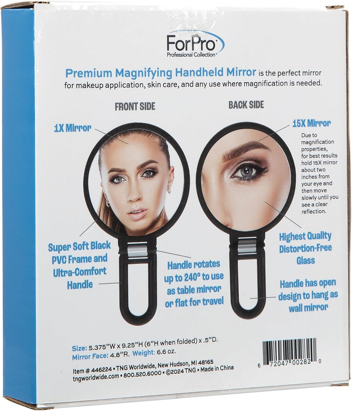 Premium Magnifying Handheld Mirror, 1X/15X Magnification Hand Mirror, Folding Adjustable Handle, for Makeup, Travel, Black