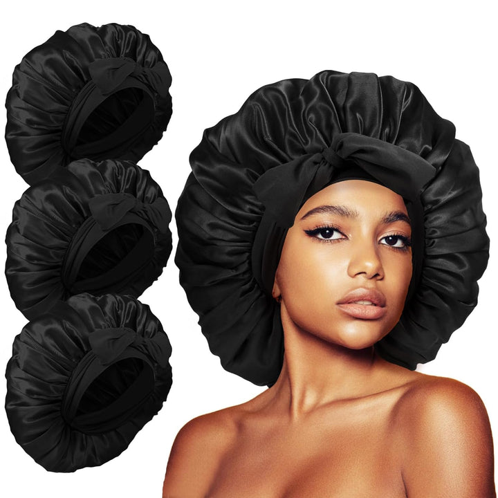 3Pcs Bonnets for Sleeping, Extra Satin Silk Bonnet for Sleeping Women with Tie Band for Curly Hair Jumbo Bonnet Braids