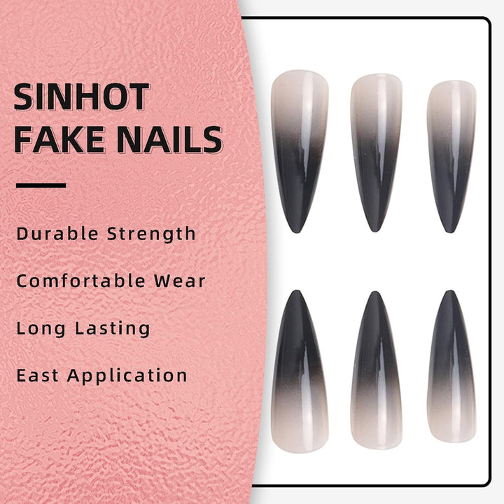 Stiletto Press on Nails Extra Long Fake Nails with Glue Glossy False Nails with Black Gradient Designs Full Cover Almond Acrylic Nail 24Pcs