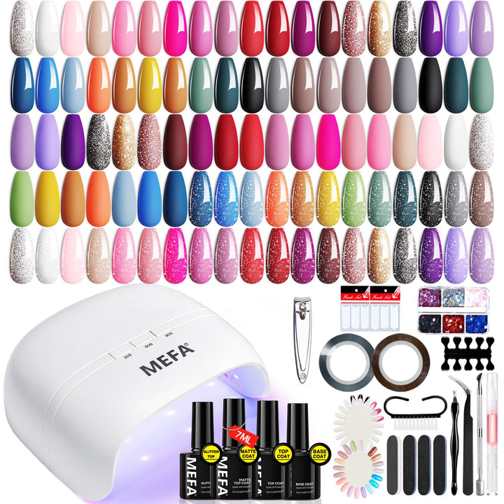 42 Colors Gel Nail Polish Kit with U V Light, 59 Pcs All Seasons Collection Colorful Gel Polish Essential Set with 5 Psc Matte/Glossy Base Top Coat, Salon Gifts for Women