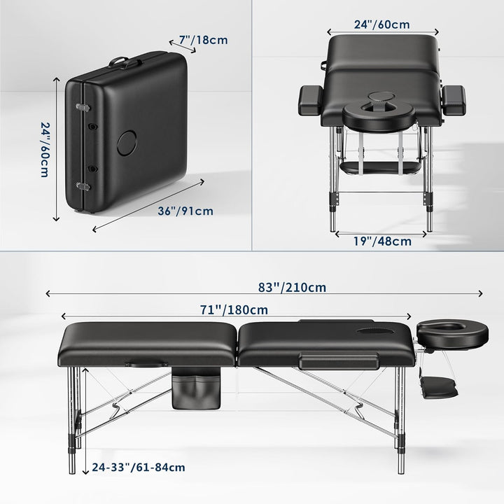 Massage Table Portable, 2-Fold Lash Bed with Side Pocket, Adjustable Height, Sturdy Aluminum Frame, Esthetician Spa Facial Tattoo Bed with Face Cradle & Carrying Bag, Black