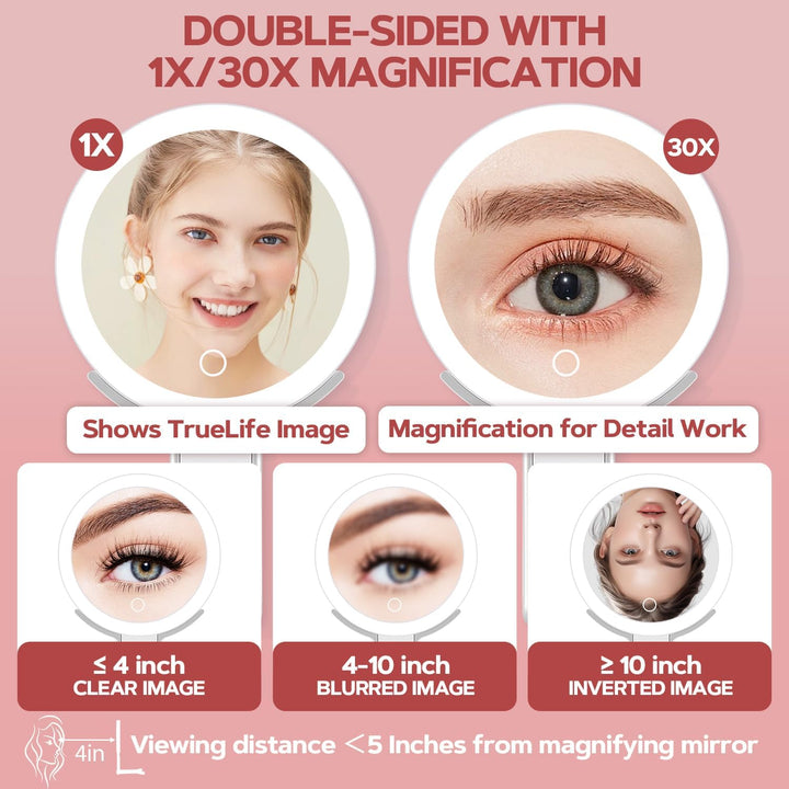 Lighted Makeup Mirror, 30X Magnifying Mirror with Light and Adjustable Brightness, Hanging and Handheld Mirror with Handle, Portable Travel Makeup Mirror with Lights, Vanity Mirrors for Women