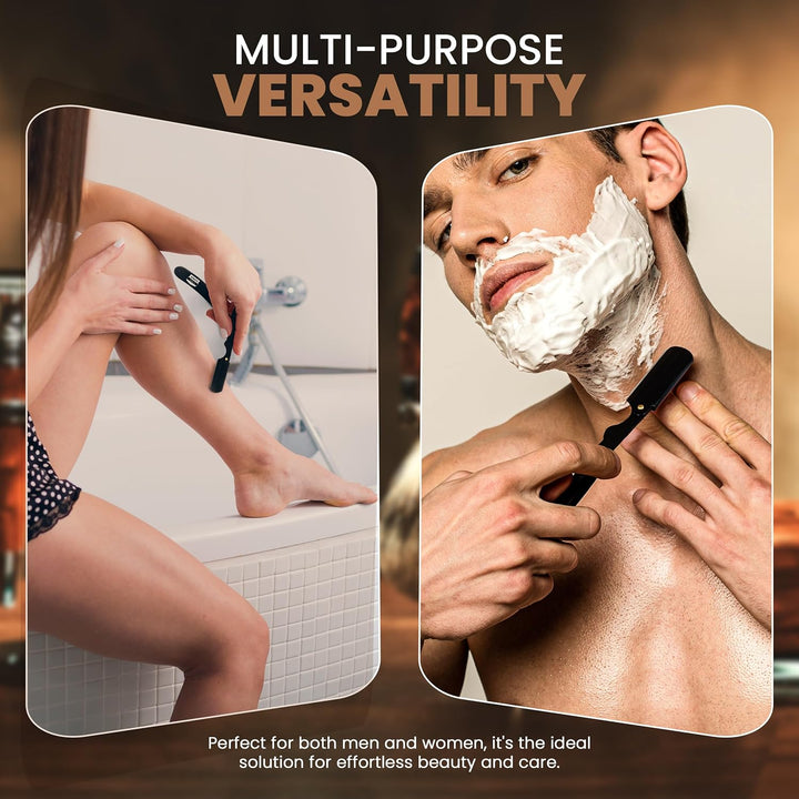 Professional Straight Razor for Men, Barber Straight Edge Razor Safety with 100 Pack Blades, Black