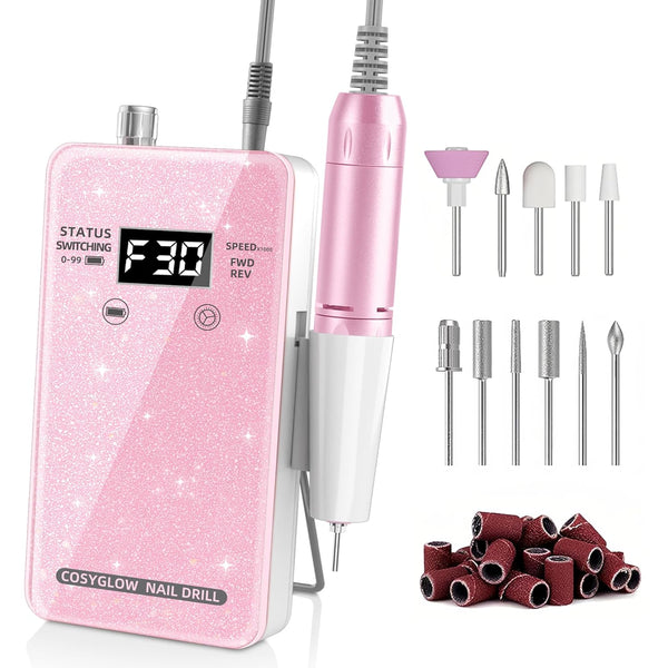 Professional Electric Nail Drill File: Glitter Portable Cordless E-File Nail Drill Kit with 11 Drill Bits,30000 RPM Rechargeable Nail Drills Machine for Acrylic Nails Gel Polishing (Pink)