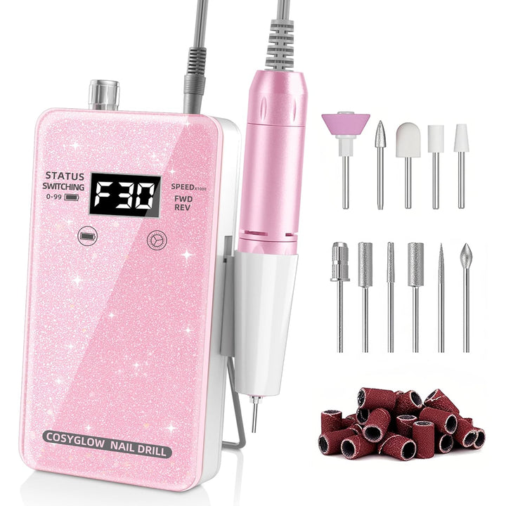 Professional Electric Nail Drill File: Glitter Portable Cordless E-File Nail Drill Kit with 11 Drill Bits,30000 RPM Rechargeable Nail Drills Machine for Acrylic Nails Gel Polishing (Pink)
