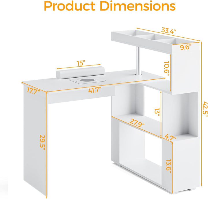 Manicure Table, L-Shaped Nail Tech Desk with Dust Collector, Reversible Rotating Table & Storage Shelf, Acetone Resistant Beauty Salon Station, White