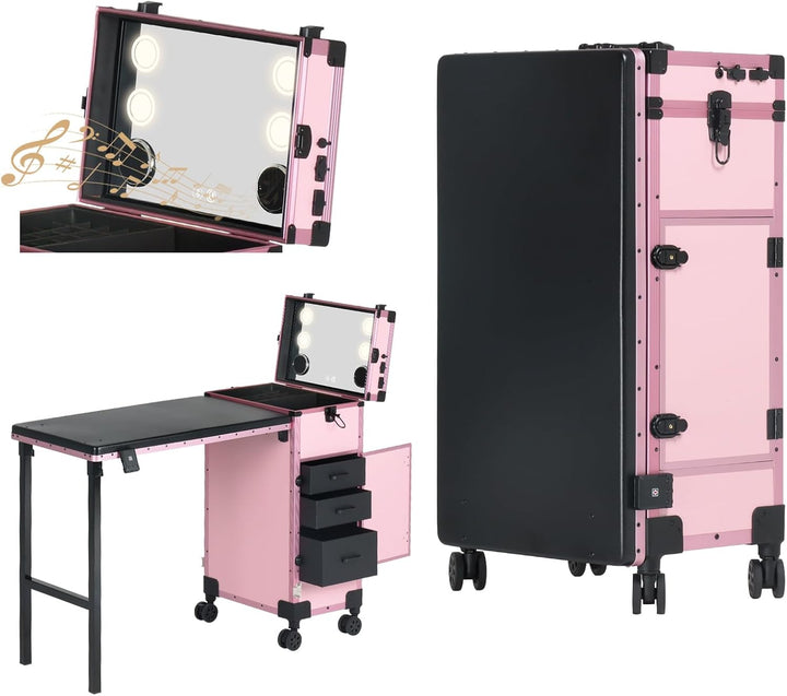 Rolling Portable Manicure Table with 3 Drawers, Lockable Makeup Train Case with Mirror & Nail Polish Organizer, Foldable Nail Desk with Wheels & Handle for Mobile Nail Techs & Salon Use, Black