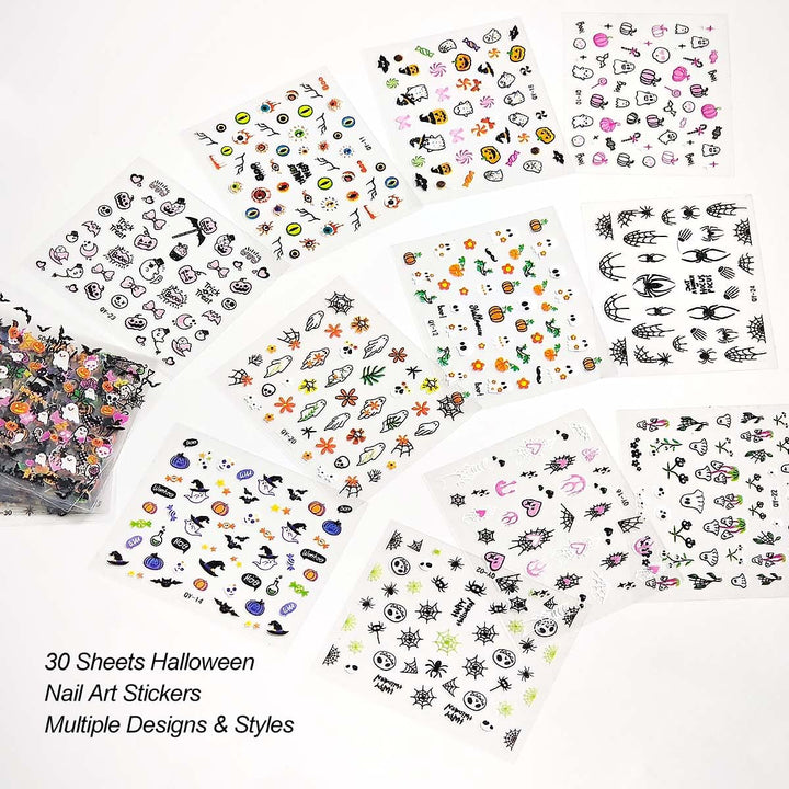 30 Sheets Halloween Nail Stickers for Women Girls & Kids,Cute Ghost Pumpkin Spider Nail Decals Bat Cat Skull Stickers for Nails Design 3D Self-Adhesive Halloween Nail Art Supplies,Diy Manicure Decor