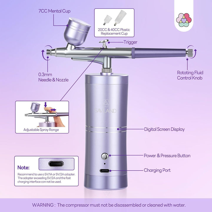 Advanced Airbrush for Nails: Limitless Nail Art Creativity Airbrush Kit Pro Dual-Mode Rechargeable 0.3Mm Nozzle Makeup Set Nail Airbrush Machine for Ombre French Airbrush Paint Salon（Purple）
