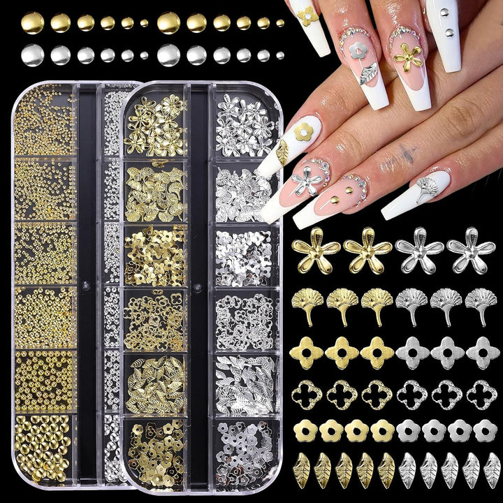 2 Boxes Gold Star Nail Gems Charms, Metal Starshine Studs, Silver Golden Micro Caviar Beads, DIY Accessories for Nail Art