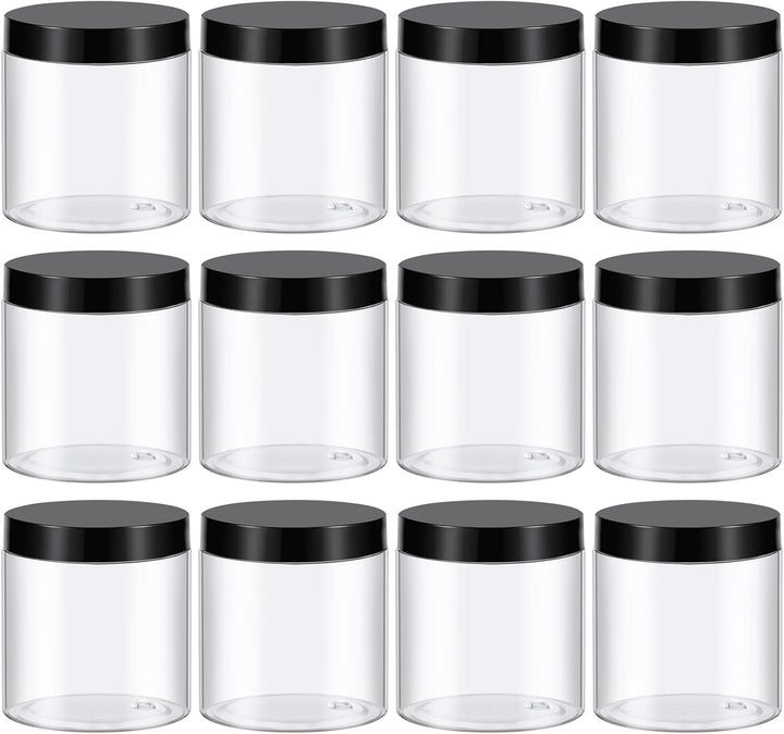 4 Oz Plastic Container Jars with Lids and Labels BPA Free, Empty round Clear Cosmetic Slime Jars for Lotion, Cream, Ointments, Body Butter, Makeup, Travel Storage (12 Pack)