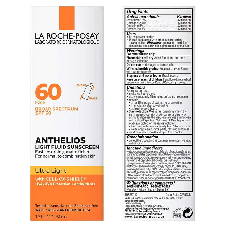 Anthelios Light Fluid Facial Sunscreen SPF 60, Lightweight Sunscreen for Face, Fluid Texture, Broad Spectrum SPF + Antioxidants, Oil Free & Oxybenzone Free, Travel Size 1.7 Fl. Oz.